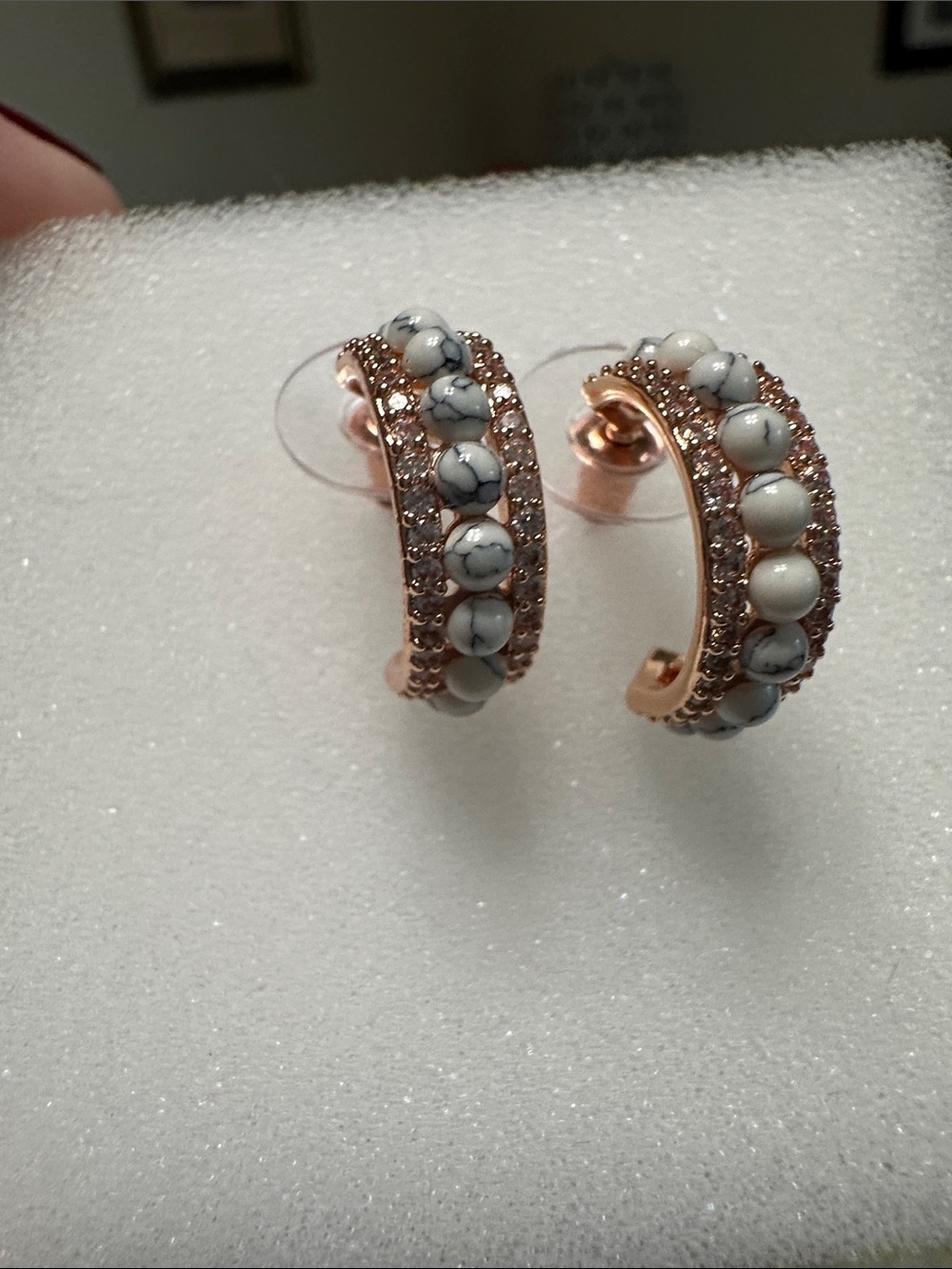 Rose Gold Bead Hoop Earrings with White Marble Accents